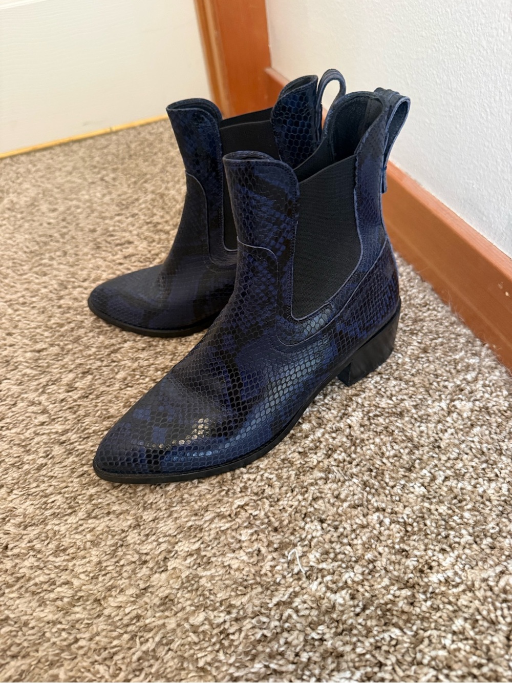 Veronica Beard Navy Snake-Print Chelsea Ankle Boots